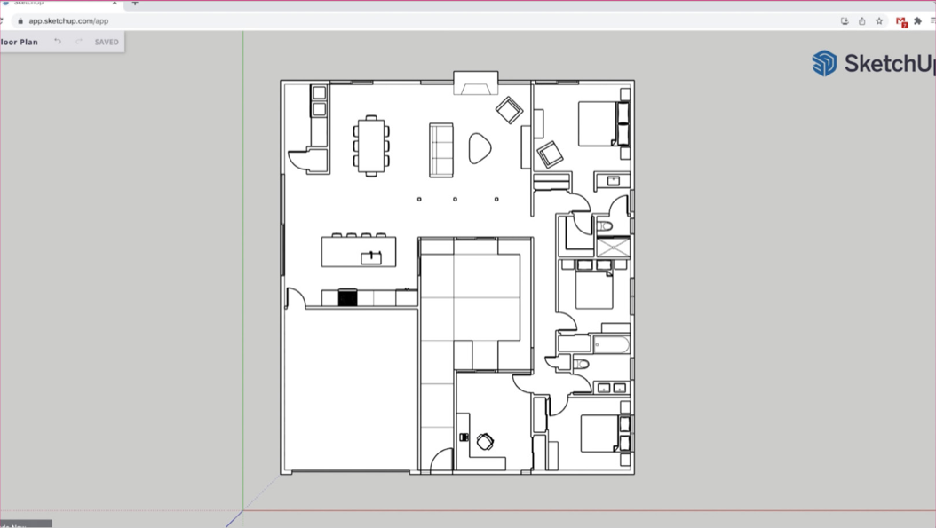 A furnished 2D floor plan with furniture and fixture symbols from the 3D Warehouse