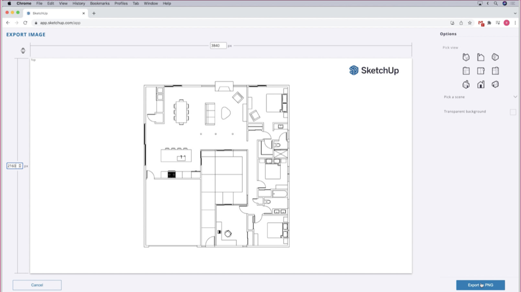 The Export Image screen in SketchUp Free with a black and white floor plan