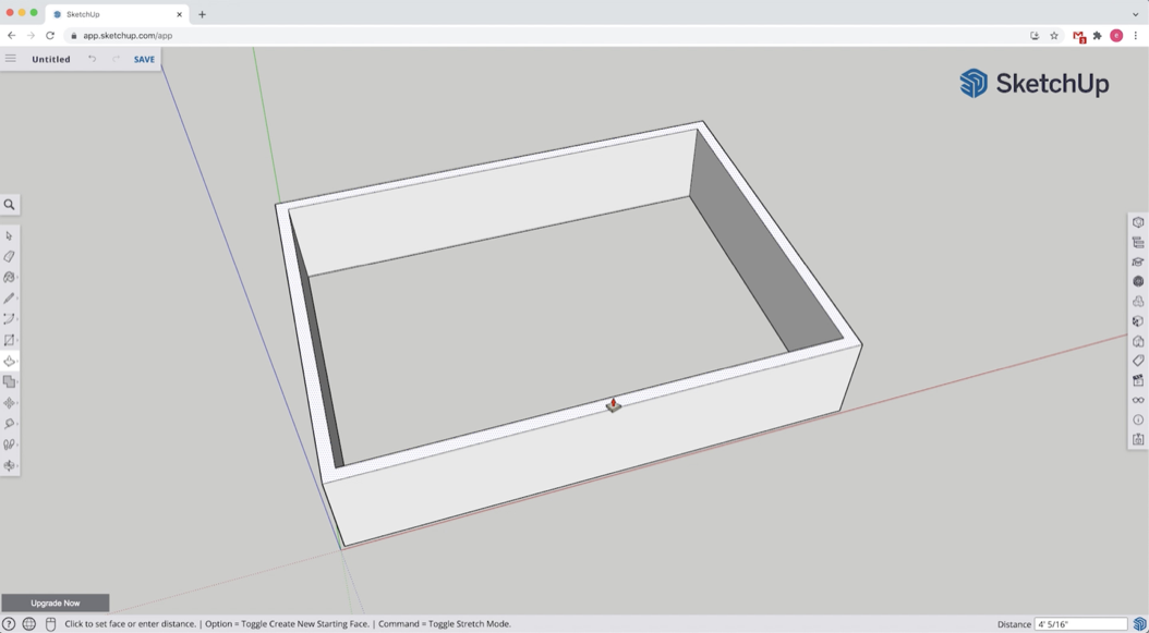 A rectangular room footprint with walls extruded in 3D in SketchUp Free