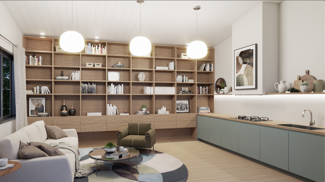 A realistic interior rendering of the finished house model