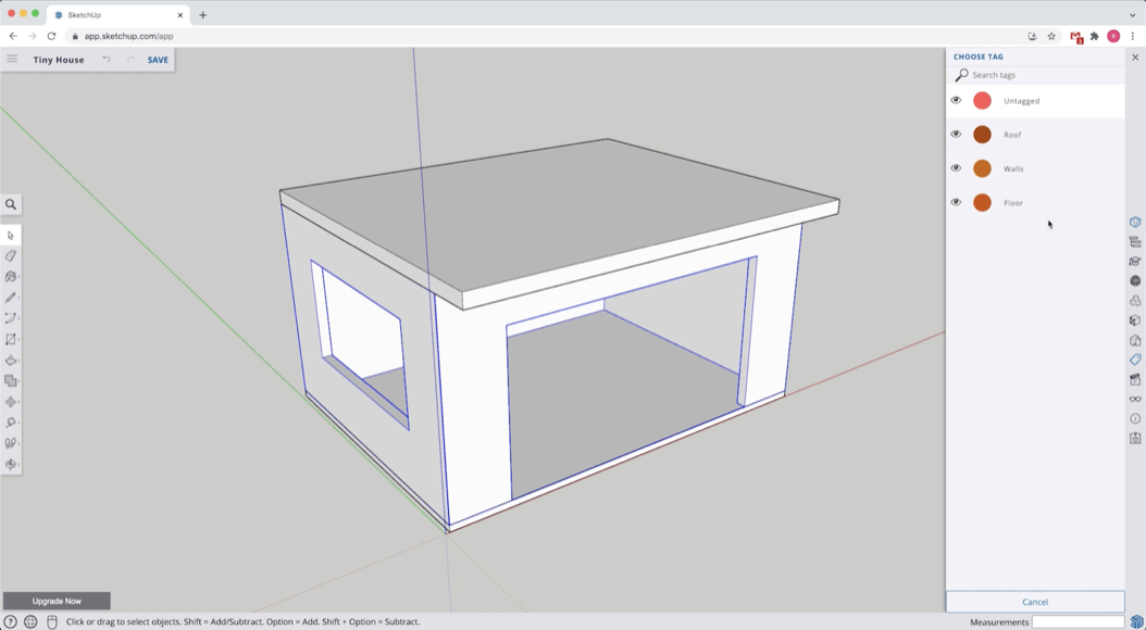 The Tags panel in SketchUp Free with Roof, Walls and Floor Tags assigned to Groups