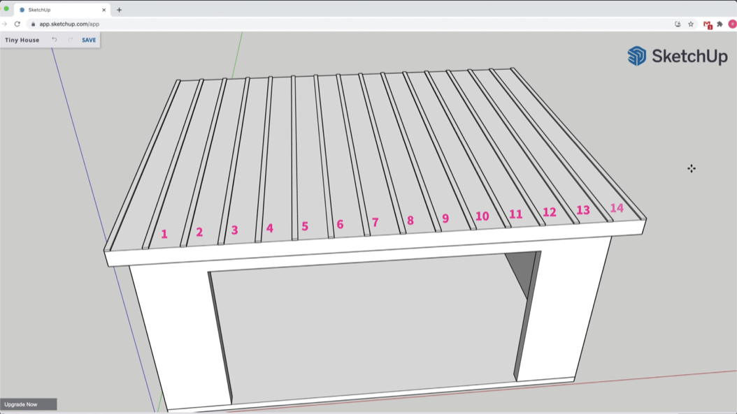 Numbered rib Components repeated across a roof in SketchUp Free