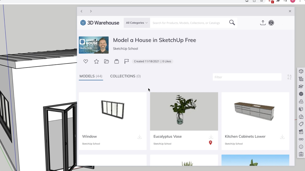 The 3D Warehouse window showing the Model a House in SketchUp Free component collection