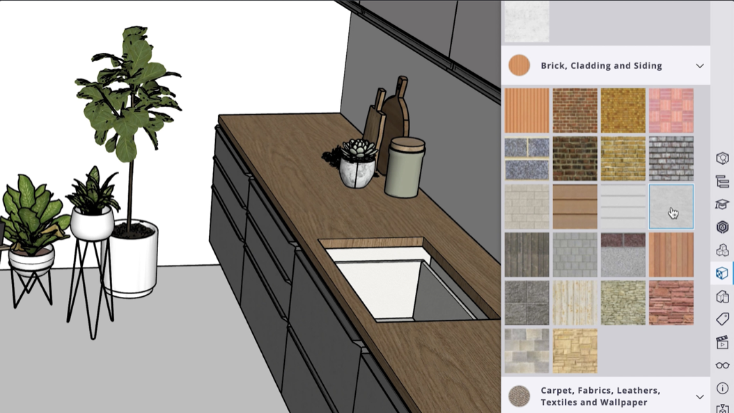 A kitchen counter with wood and paint materials applied next to the Materials panel