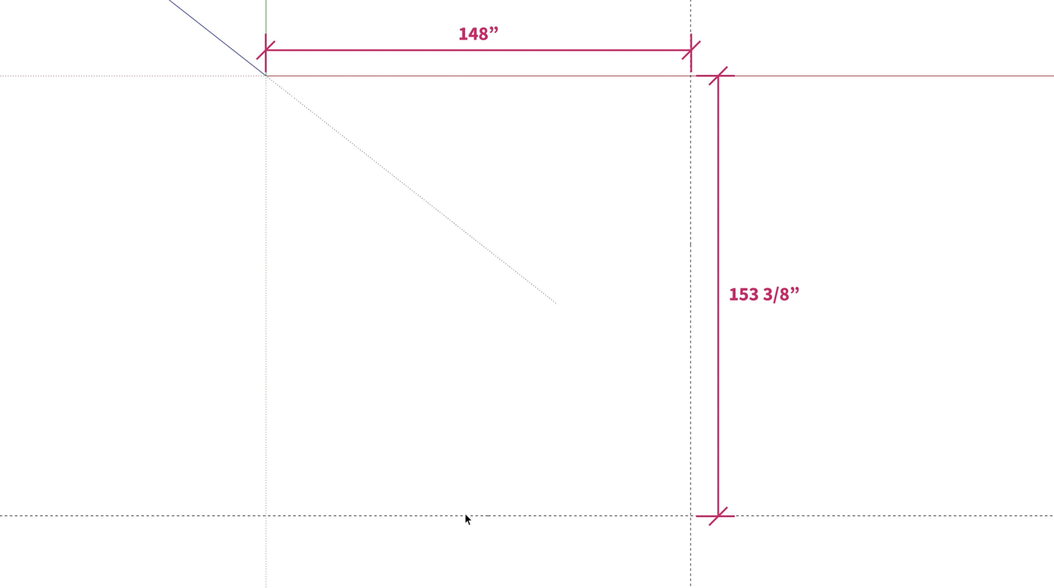Guidelines in SketchUp marking a 148 inch width and 153 3/8 inch length