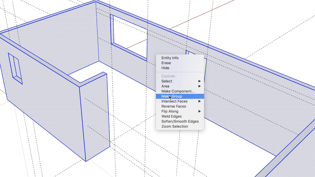 The right-click context menu with Make Group highlighted on selected walls
