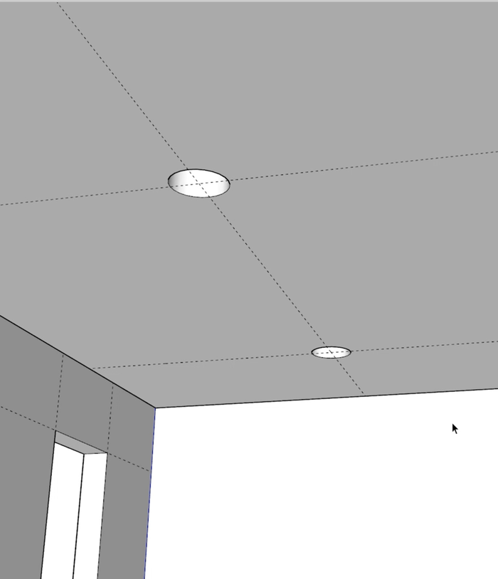 The ceiling in SketchUp with guides intersecting at the light fixture centers