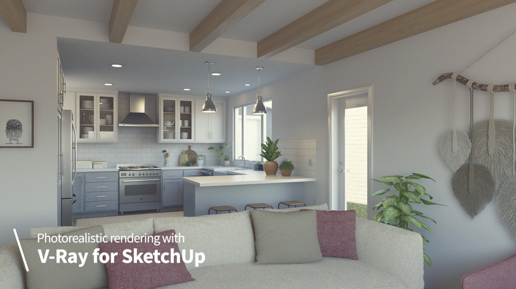 A photorealistic V-Ray rendering of the finished kitchen model