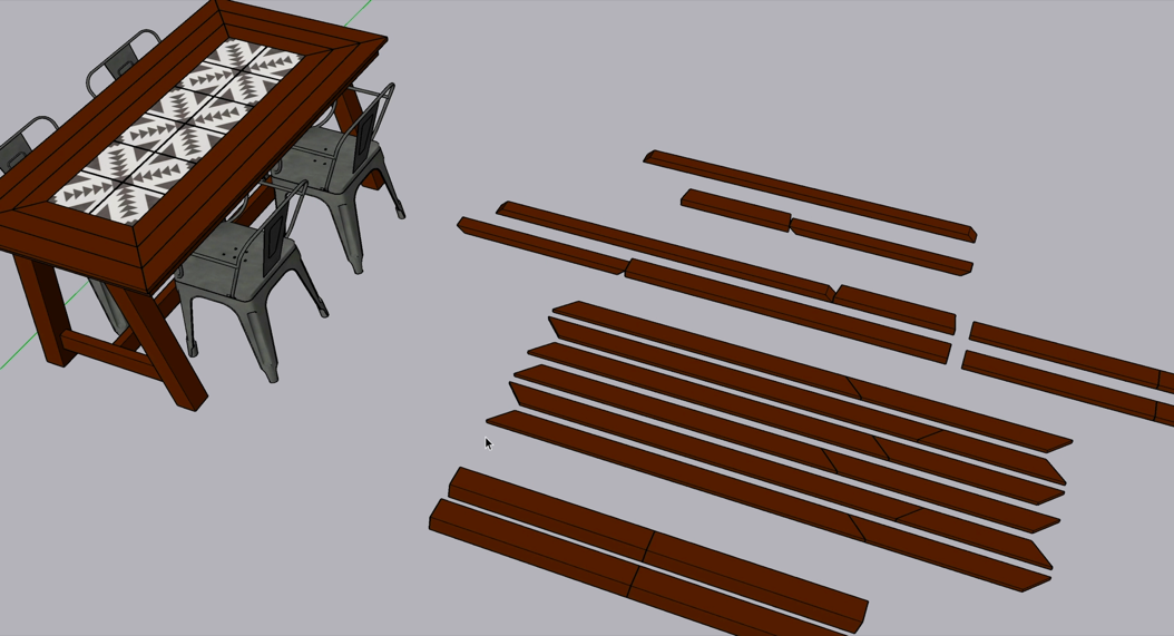 A SketchUp model of a table next to its individual cut pieces laid out flat