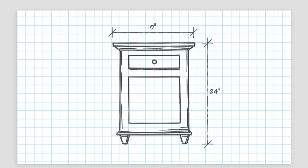 A hand sketch of a nightstand with dimensions on grid paper
