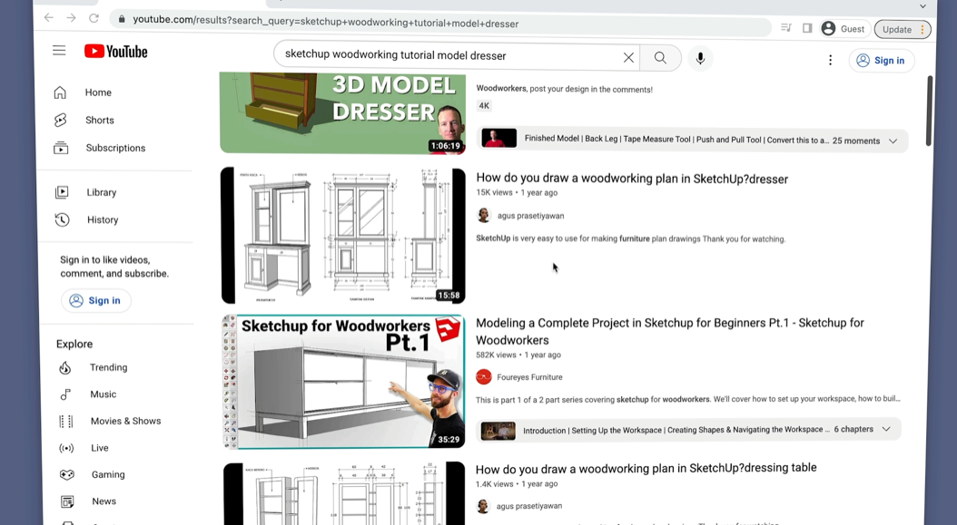YouTube search results for SketchUp woodworking tutorials