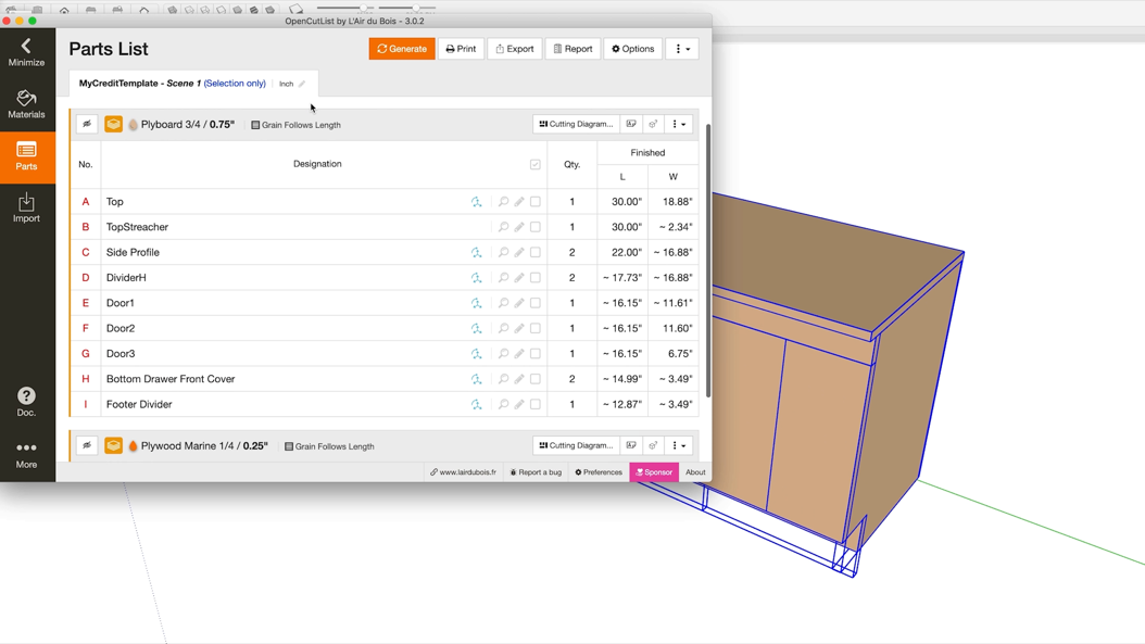 The OpenCutList extension generating a parts list from a SketchUp cabinet model