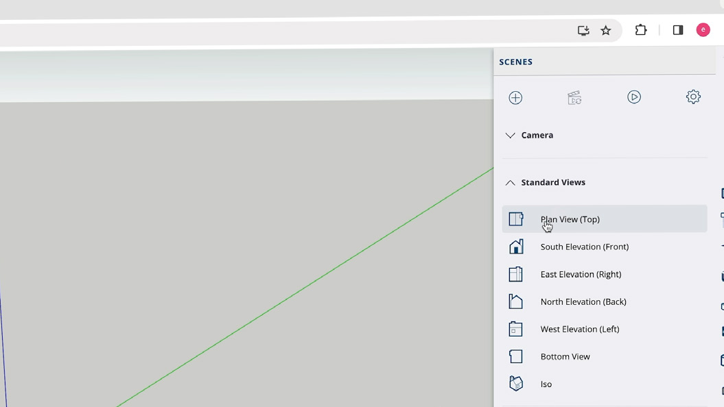 The Scenes panel in SketchUp Free with Standard Views expanded and Plan View (Top) selected