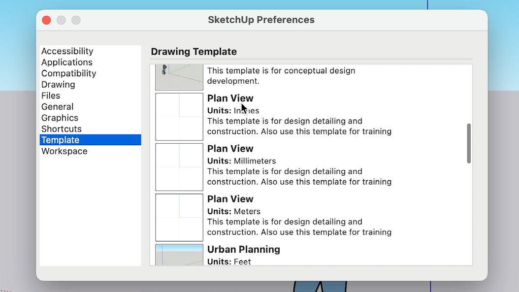 The SketchUp Preferences window with the Template menu open and Plan View templates listed