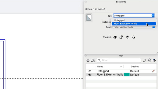 The Entity Info dialog and Tags window assigning a Floor & Exterior Walls Tag to the Group