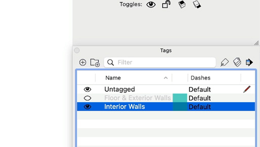 The Tags window with an Interior Walls Tag added alongside Floor & Exterior Walls
