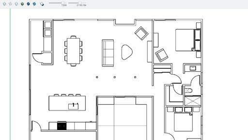 A fully furnished 2D floor plan with furniture and fixture symbols