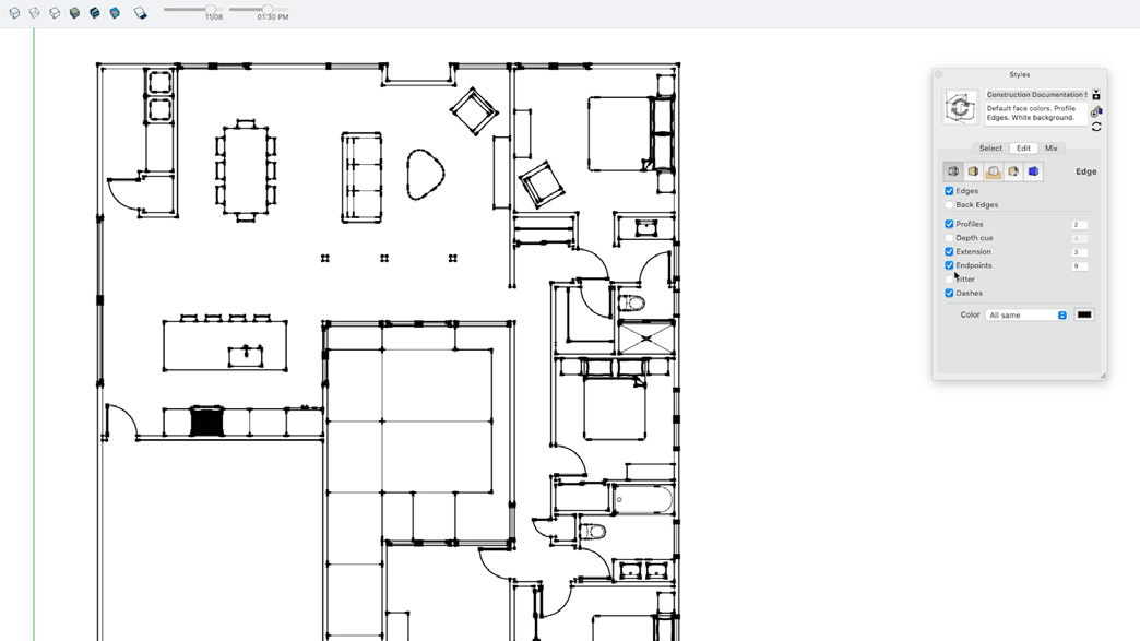 A styled black and white floor plan with the Styles dialog open