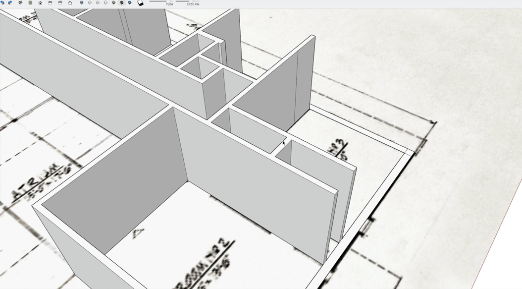 3D walls extruded on top of an imported 2D floor plan in SketchUp