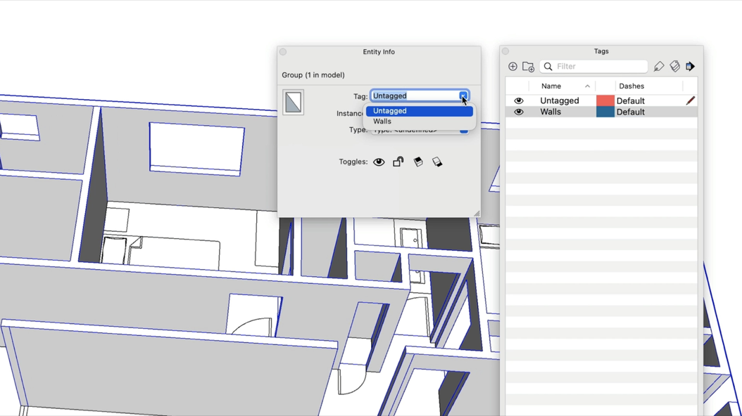 The Entity Info panel in SketchUp assigning a Walls Tag to a Group