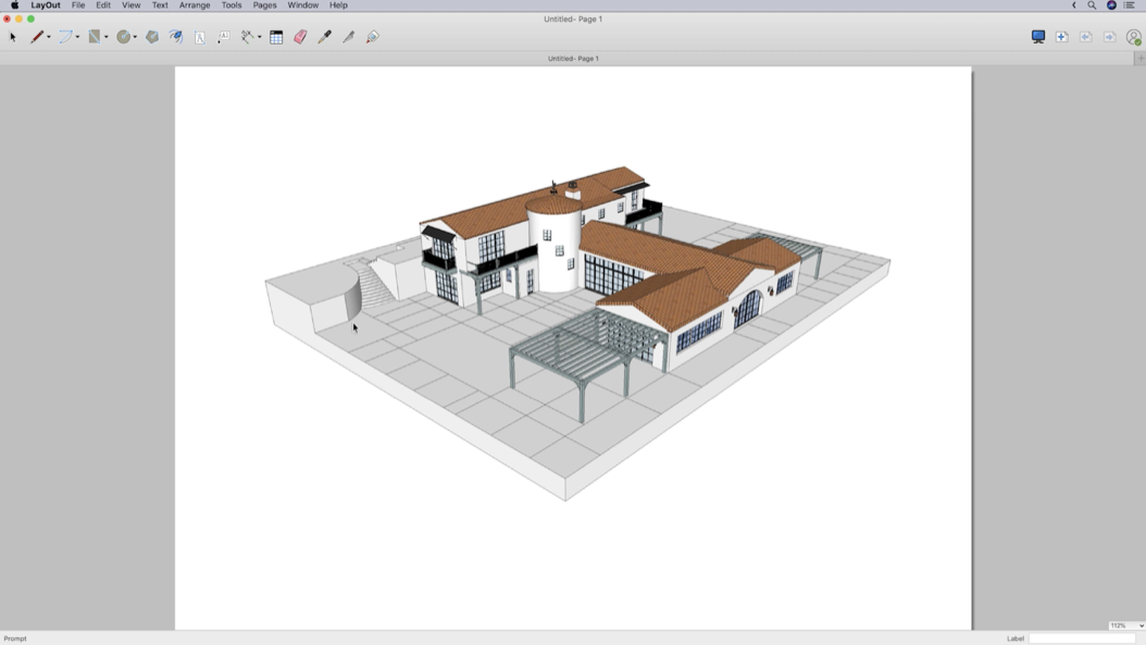A LayOut document with a Viewport showing a 3D SketchUp model of a house