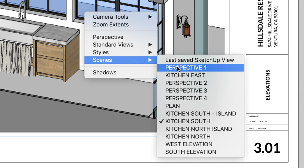 The Scenes context menu in a LayOut Viewport listing the Scenes saved in the SketchUp model