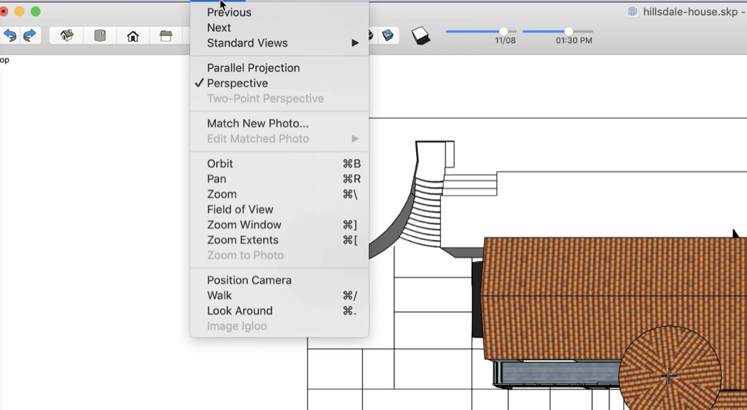 The Camera menu in SketchUp with options for Standard Views, Parallel Projection and Perspective