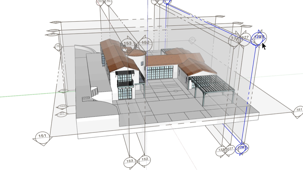 A SketchUp model with multiple Section Planes and Section Cuts visible