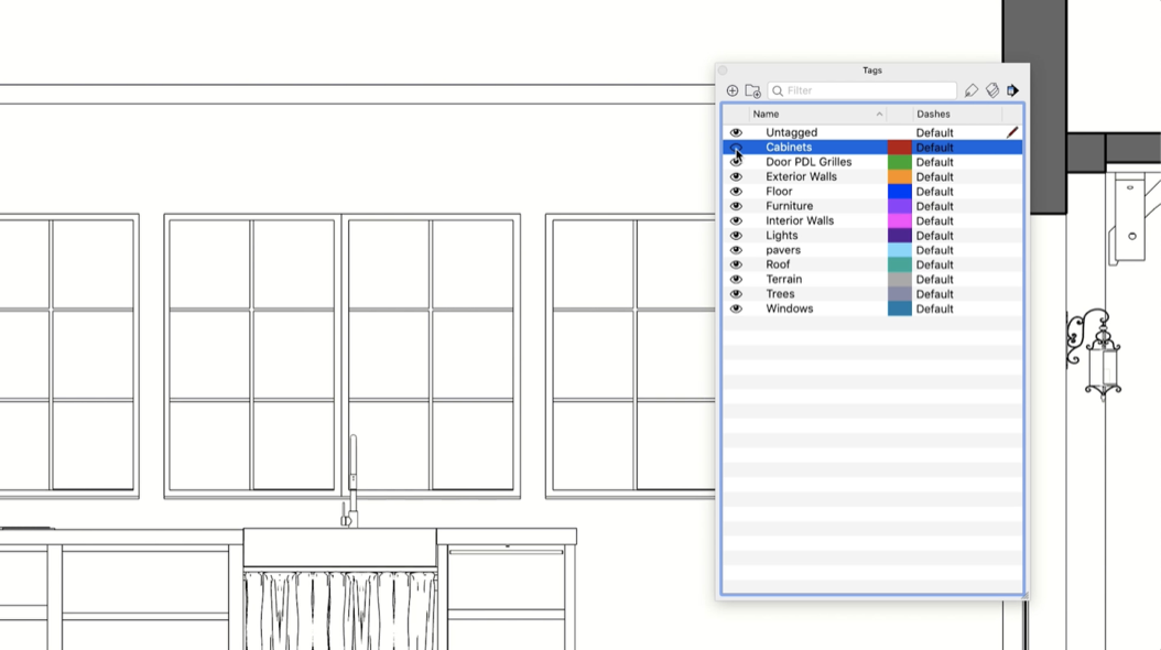 The Tags window in SketchUp with Tags for Cabinets, Walls, Floor, Furniture and more