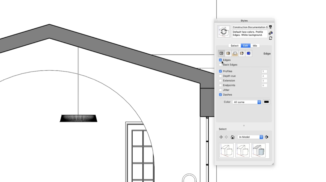 The Styles window in SketchUp with Edit settings for Edges, Profiles and Dashes