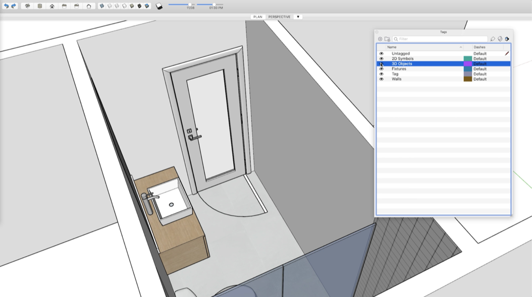 A SketchUp model of a bathroom with a 2D door-swing symbol drawn alongside the 3D door