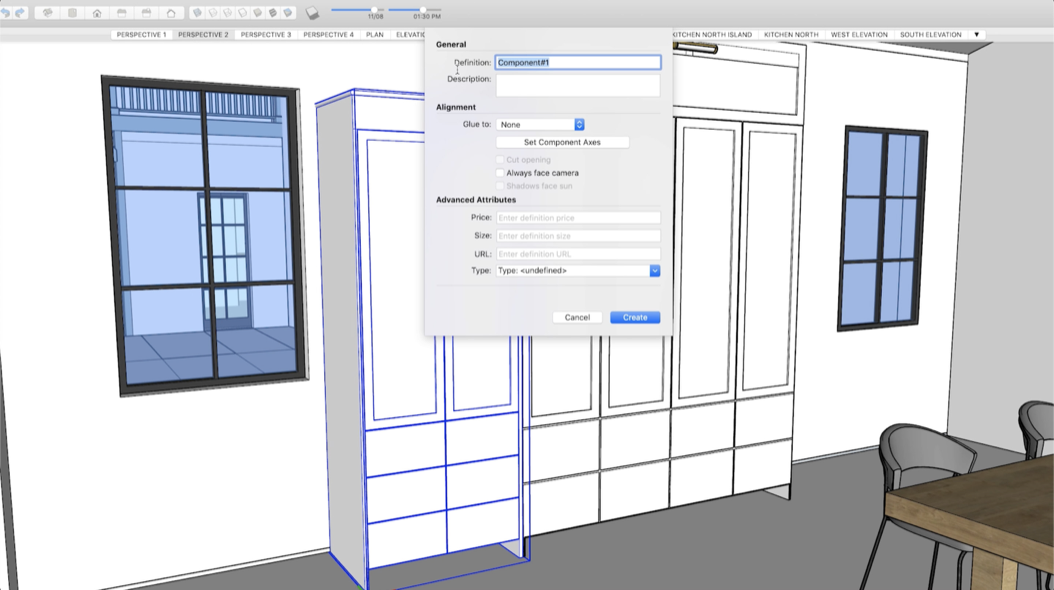 The Create Component window in SketchUp with fields for the component’s name and description