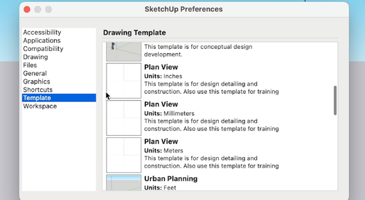 SketchUp Preferences window with the Template menu open and Plan View selected